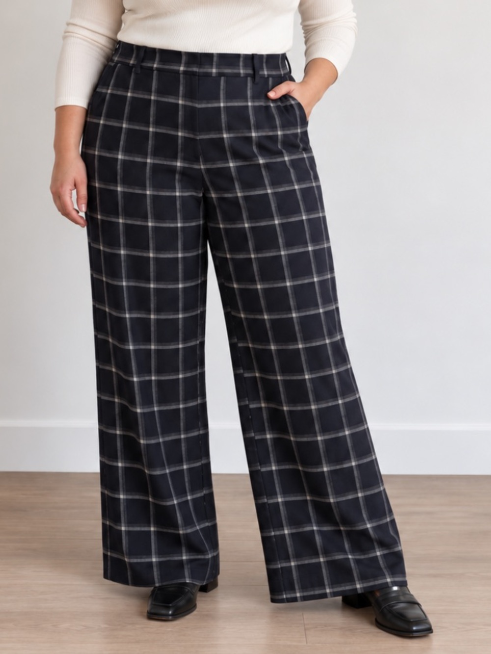 Lane Bryant Tall Windowpane Plaid High Rise Relaxed Wide Trouser Pant Navy 18T